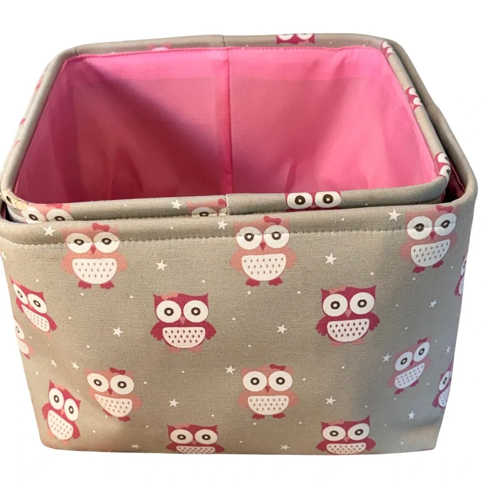 Storage Bins Set of 2 Gray Pink Owl Fabric Nursery Toy Organizers Bow Detail
